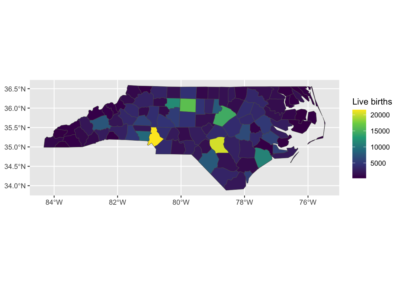 Number of live births in 1974 the counties of North Carolina, USA